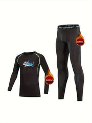 Christmas Shark Print Kids Fleece Lined Compression Base Set