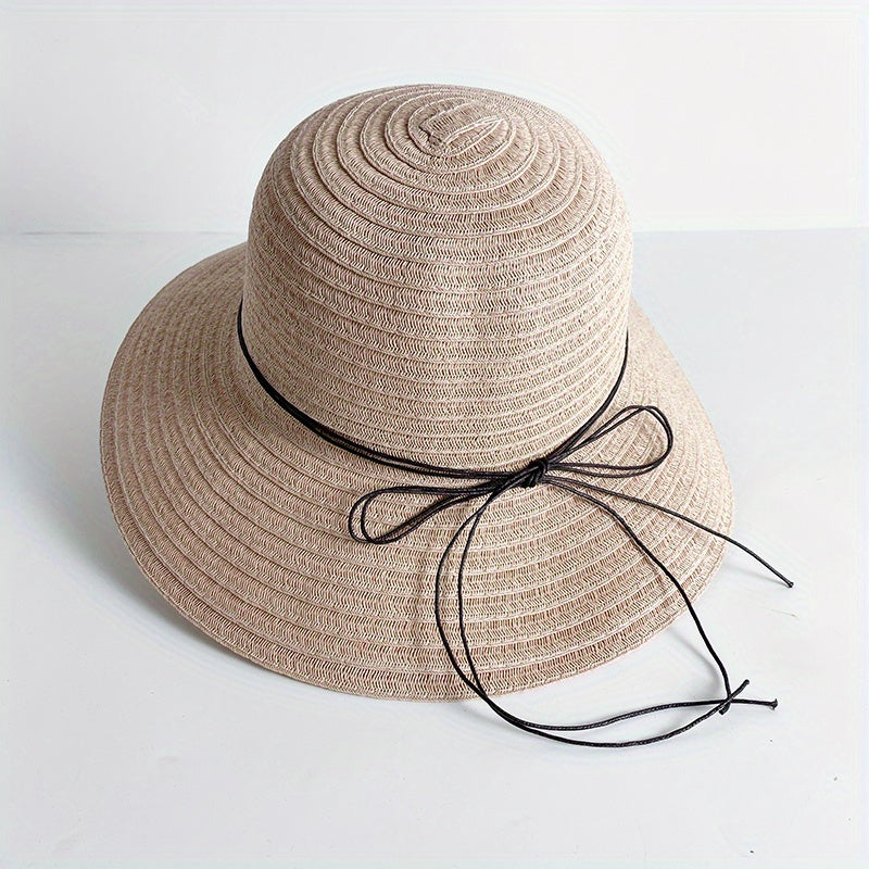 Sun Embroidery Straw Hat Ribbon Bowknot Drawstring Adjustable