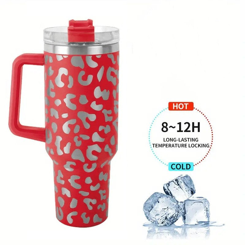Leopard Print 40oz Insulated Tumbler w/ Handle & Straw Lid Stainless Steel