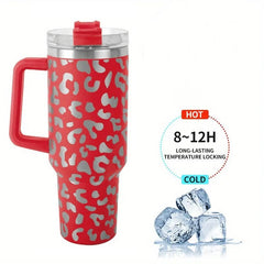 Leopard Print 40oz Insulated Tumbler w/ Handle & Straw Lid Stainless Steel