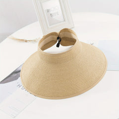 Women's Roll Up Straw Beach Sun Visor Hat Wide Brim Bowknot Cap