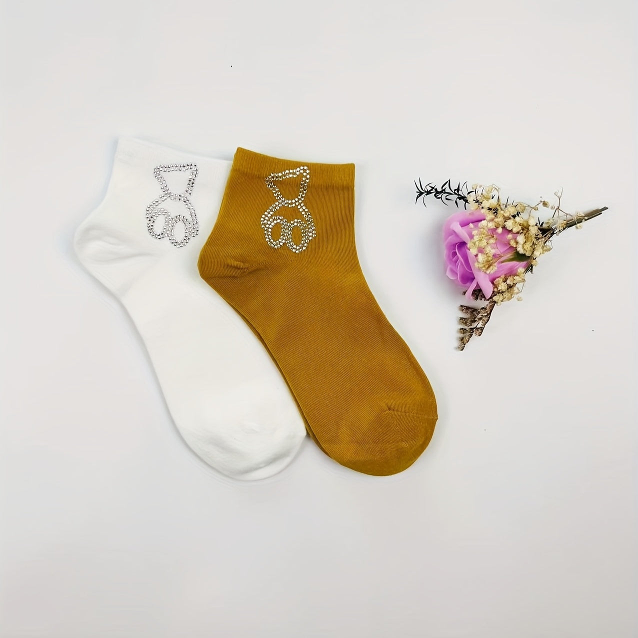 Bear Rhinestone Socks 5 Pairs Women's Crew Short Stockings