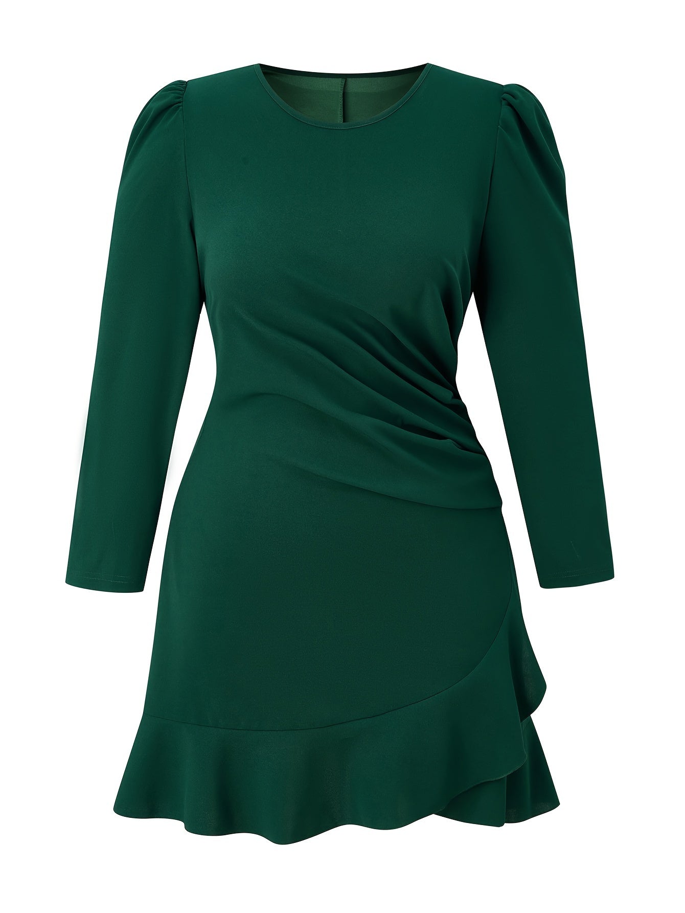  Solid Long Sleeve Ruffle Trim Dress