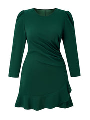  Solid Long Sleeve Ruffle Trim Dress