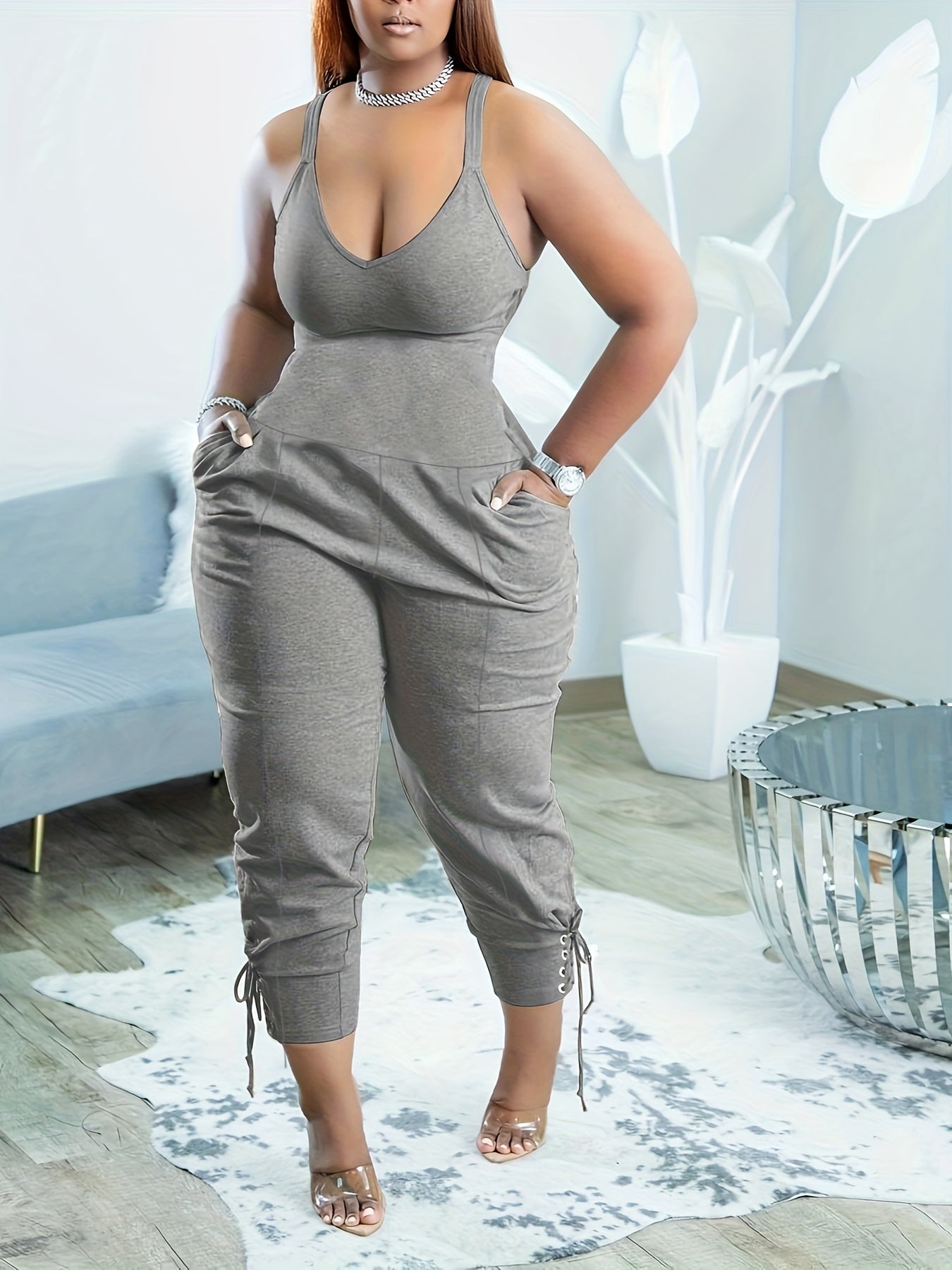 Patch Pocket Drawstring Jumpsuit Casual Sleeveless Jumpsuit