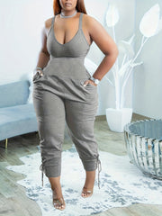 Patch Pocket Drawstring Jumpsuit Casual Sleeveless Jumpsuit