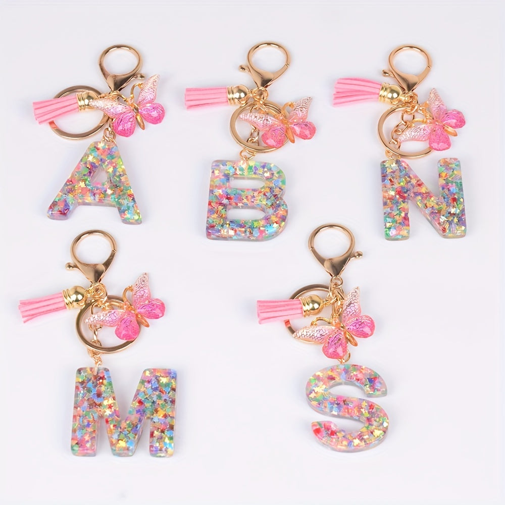 Resin Initial Letter Keychain Butterfly Pendant Glitter Animal Key Ring