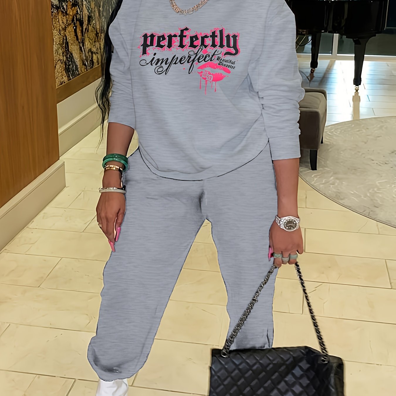 Plus Size Women's Kiss & Letter Print Top & Joggers Outfit Set