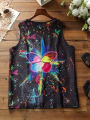  Tie Dye Butterfly Print Tank Top Round Neck Button Up Medium Stretch