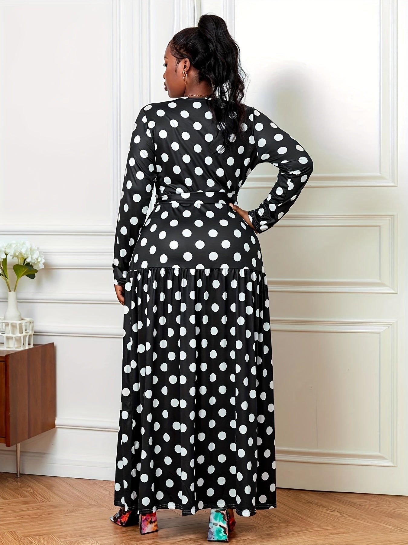  Polka Dot Long Sleeve Maxi Dress With Belt