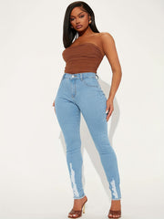  High Rise Skinny Jeans Ripped Raw Trim Button Fly with Pockets