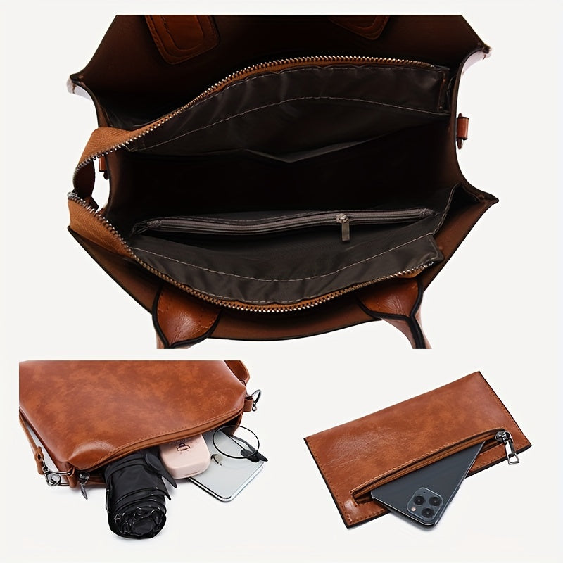 Vintage Tote Bag Set Faux Leather Handbags Crossbody Bag & Coin Purse