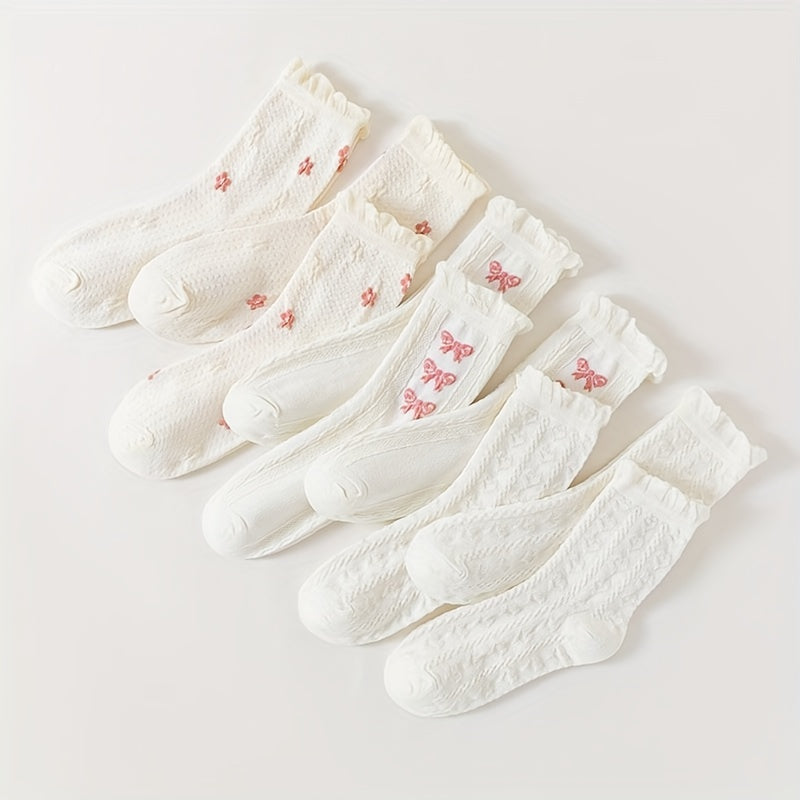 9 Pairs Bow & Floral Print Socks Women's Stockings & Hosiery
