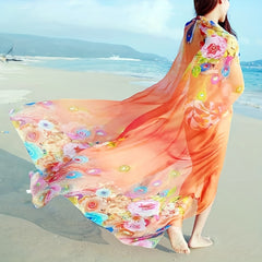 Boho Peacock Feather Print Chiffon Scarf Bikini Cover Up