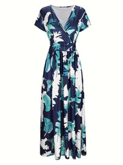  Tropical Print Short Sleeve Maxi Dress With Pockets