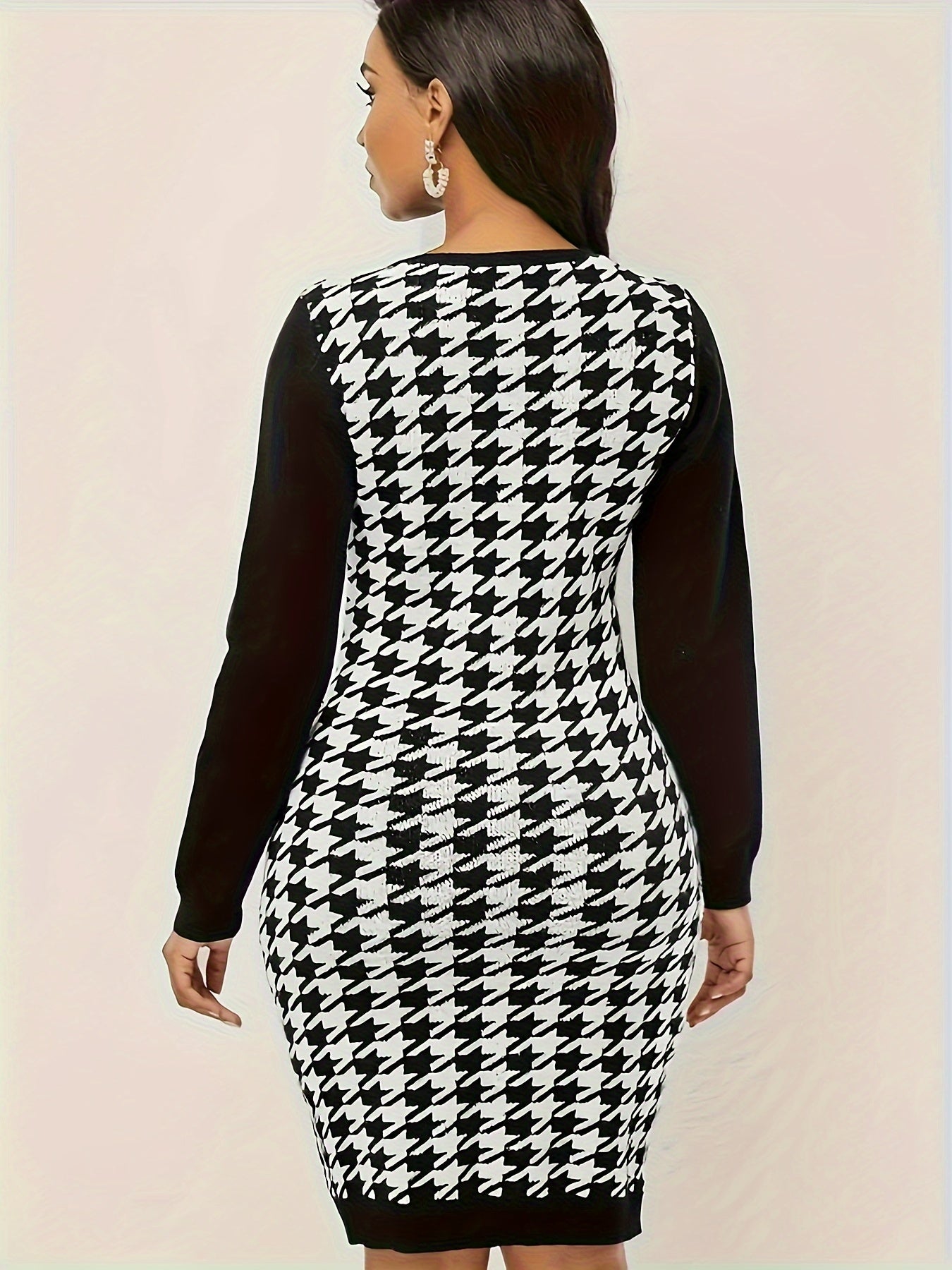  Colorblock Houndstooth Print Round Neck Midi Dress