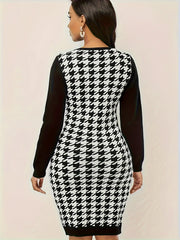  Colorblock Houndstooth Print Round Neck Midi Dress