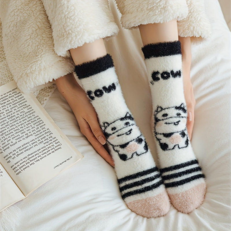 5 Pairs Cow Print Fuzzy Warm Socks Women's Stockings & Hosiery