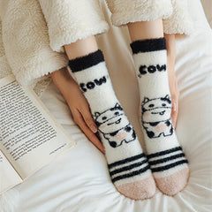 5 Pairs Cow Print Fuzzy Warm Socks Women's Stockings & Hosiery