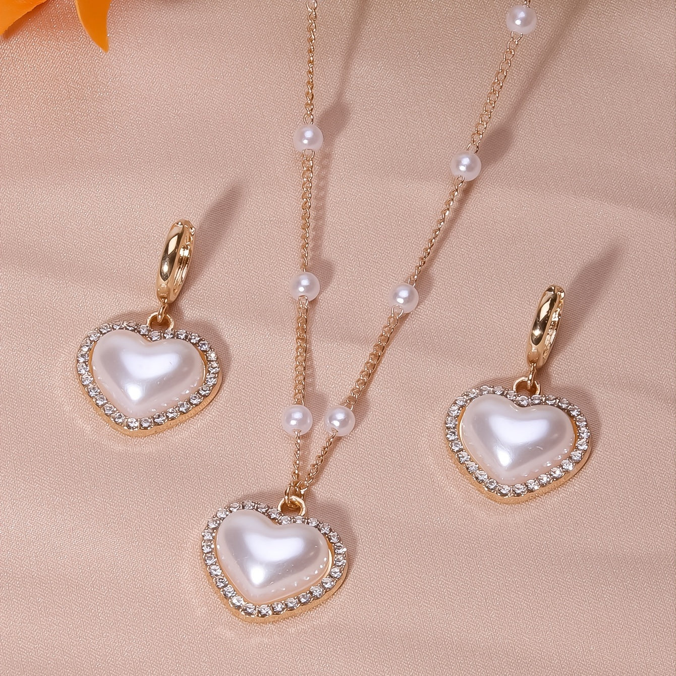 Heart Shape Faux Pearls Jewelry Set Necklace Earrings Rhinestones