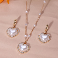 Heart Shape Faux Pearls Jewelry Set Necklace Earrings Rhinestones