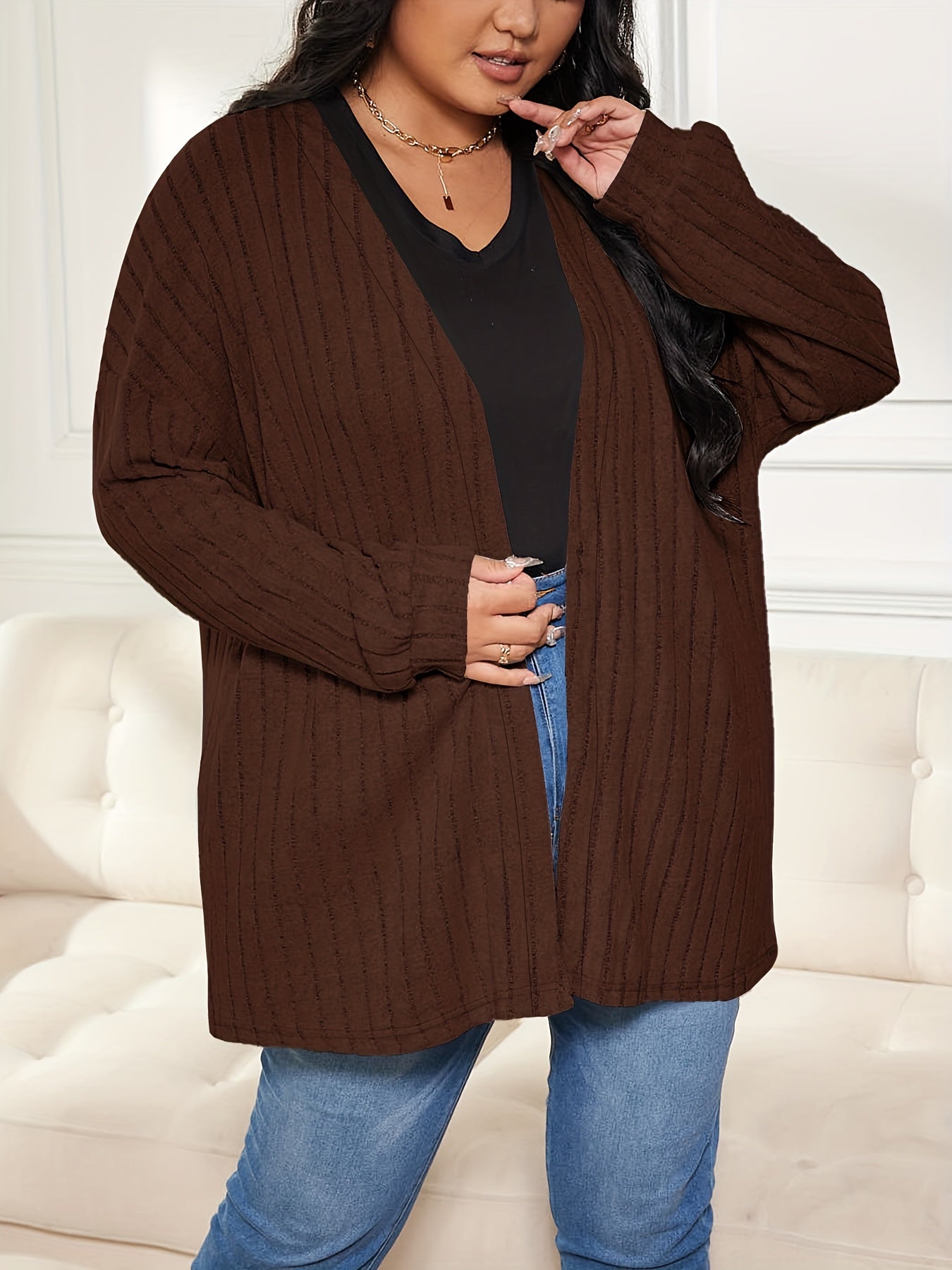  Solid Ribbed Long Sleeve Open Front Cardigan