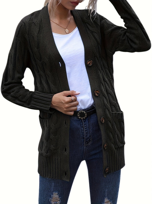 Cable Knit Button Up Cardigan with Pockets