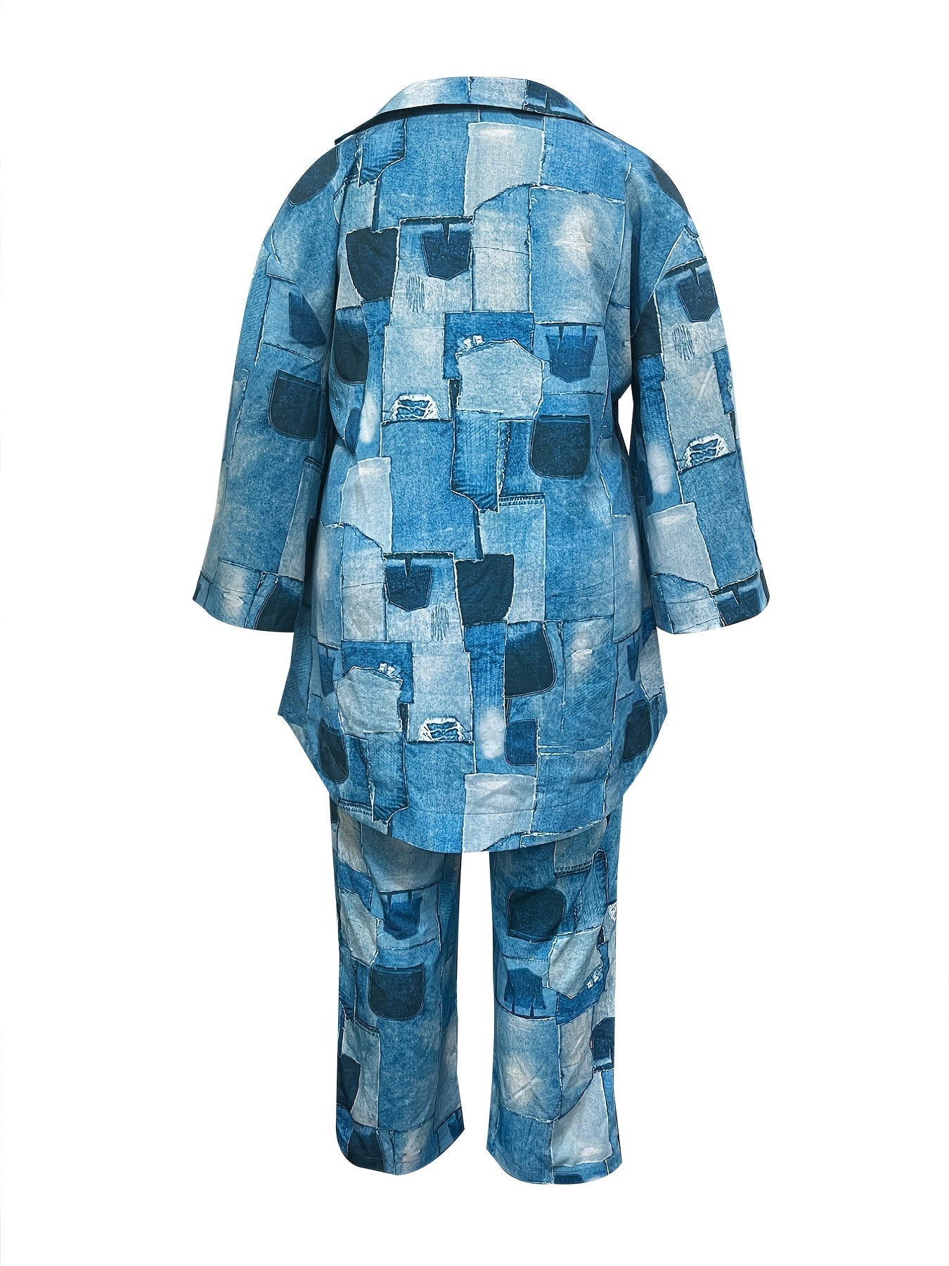 Denim Print Bell Sleeve Top & Pants Set