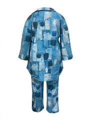  Denim Print Bell Sleeve Top & Pants Set
