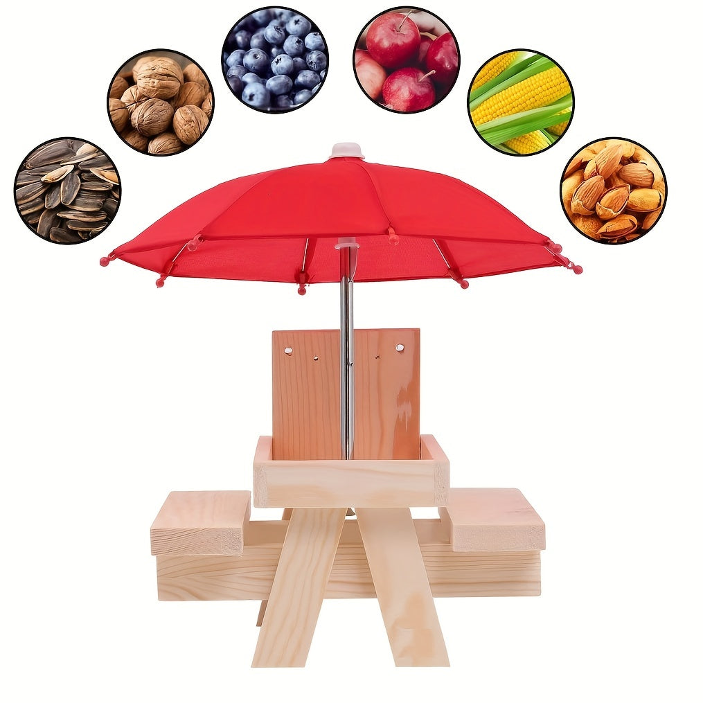Wooden Squirrel Feeder Picnic House with Umbrella for Outdoor Garden