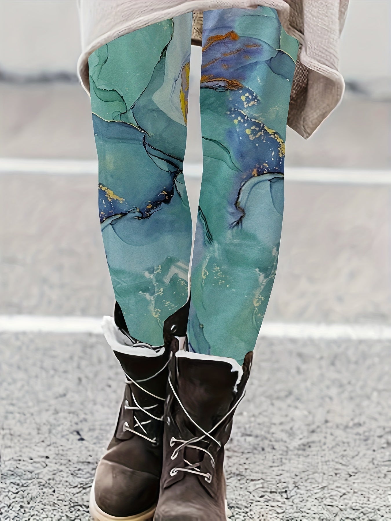  Boho Leggings Women's Plus Marble Print Elastic High Rise Leggings