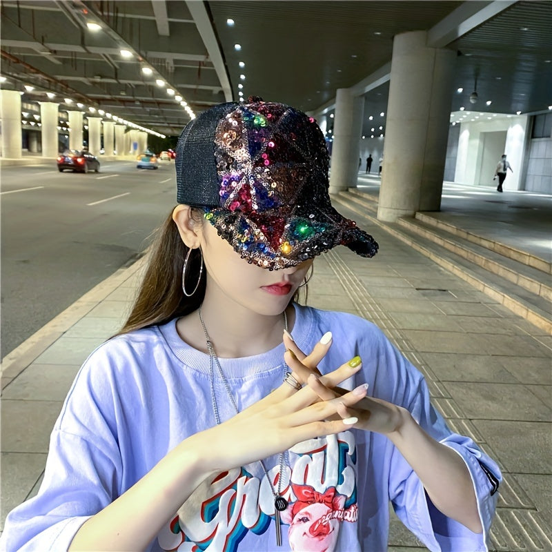 Sequin Plaid Sparkling Baseball Cap Mesh Breathable Trucker Hat Solid Y2K