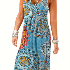  Tile Print V Neck Stretch Maxi Dress