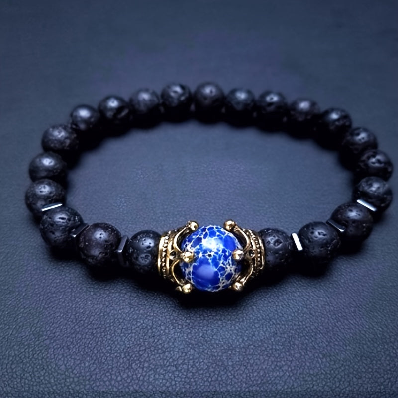 Crown Tiger Eye Bead Bracelet Men's Jewelry