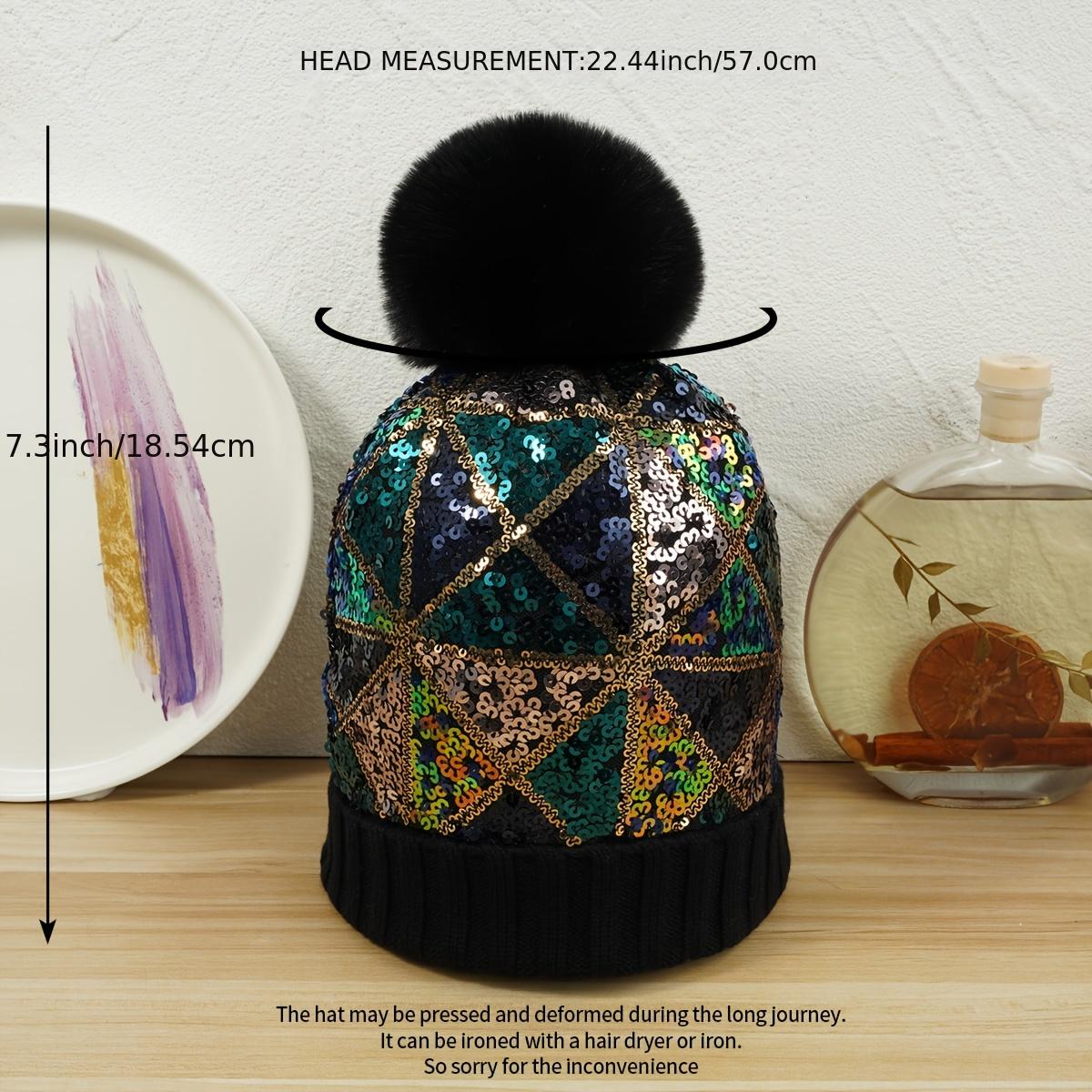 Glitter Sequins Winter Beanie Hat with Faux Fur Pom Pom