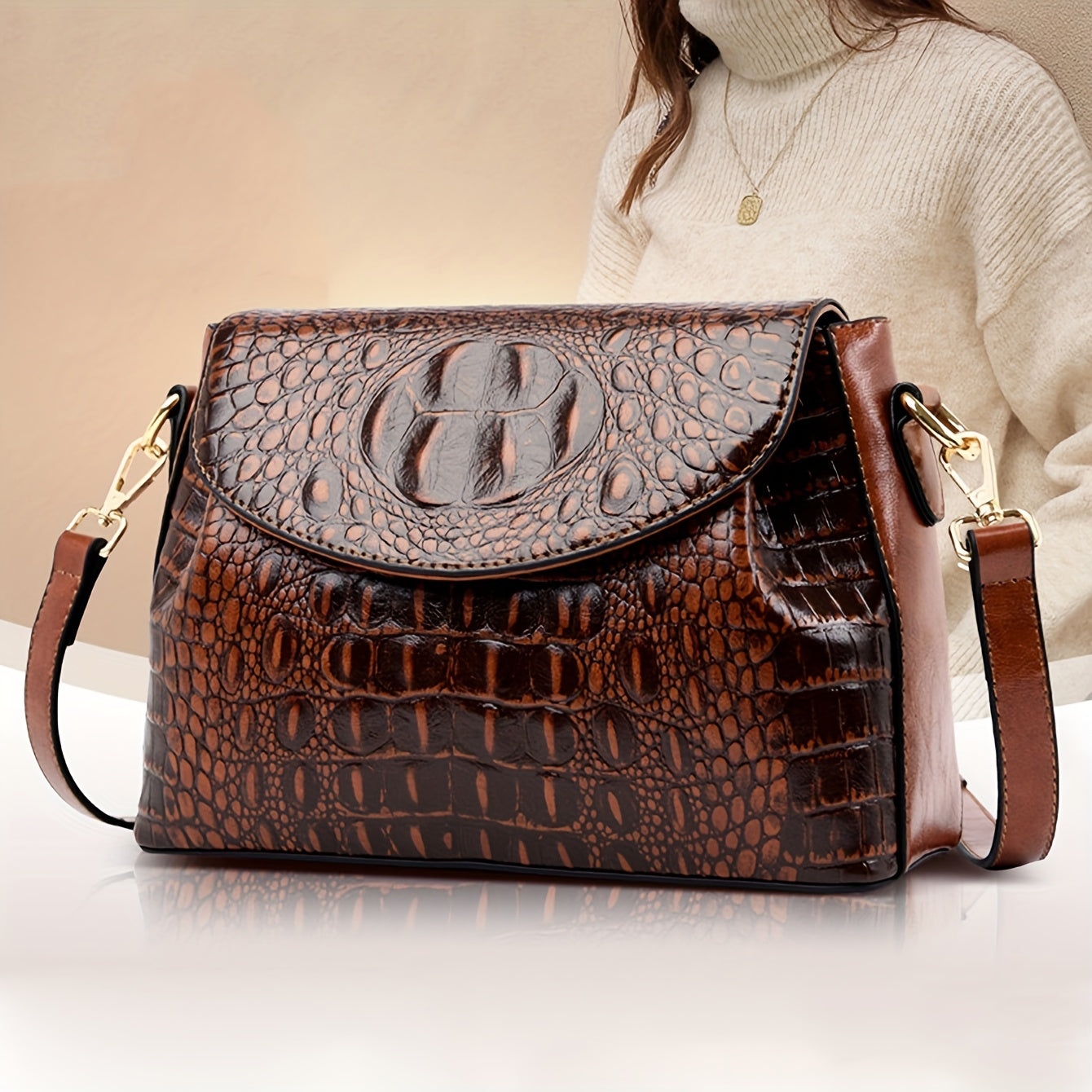 Vintage Crocodile Embossed Square Bag Classic Crossbody Bag