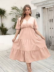  V Neck Flutter Sleeve Pom Pom Ruched Dress