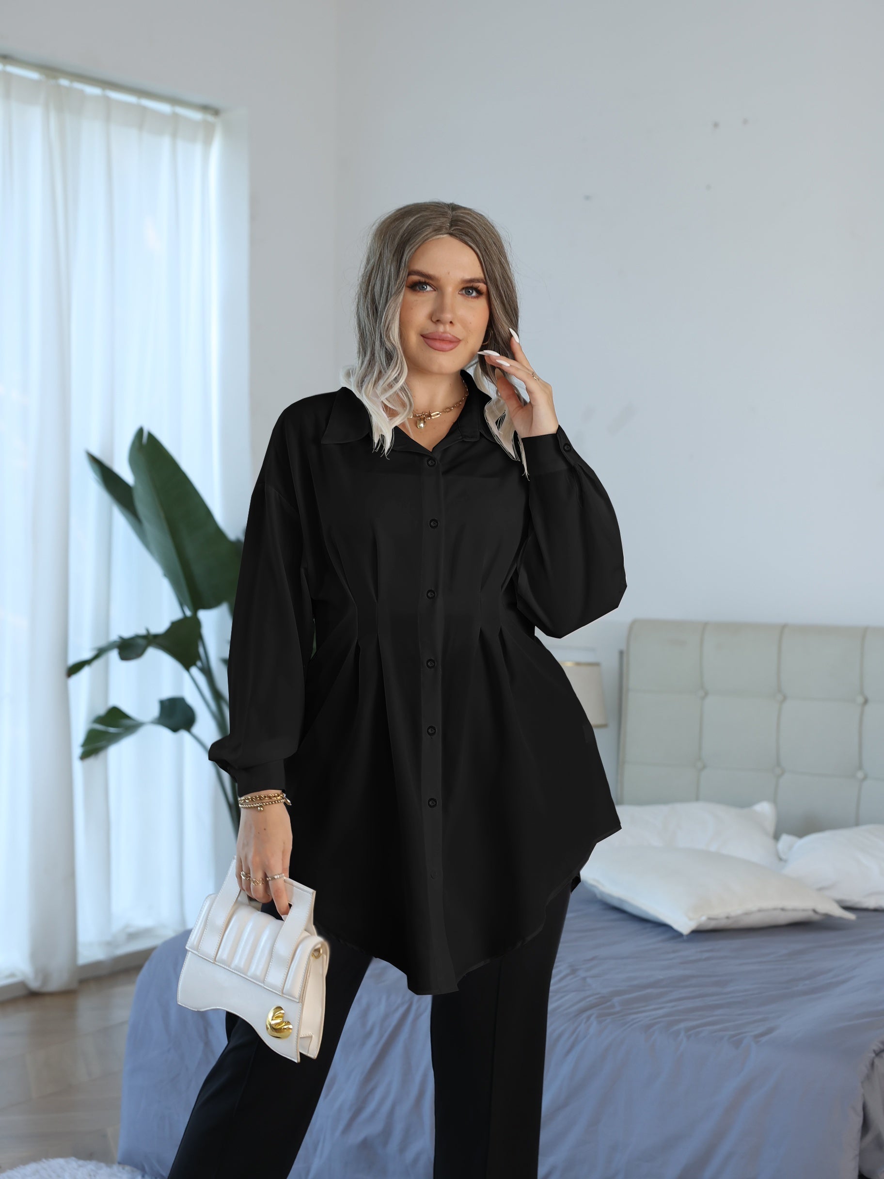  Blouse Solid Lantern Sleeve Button Up Collar