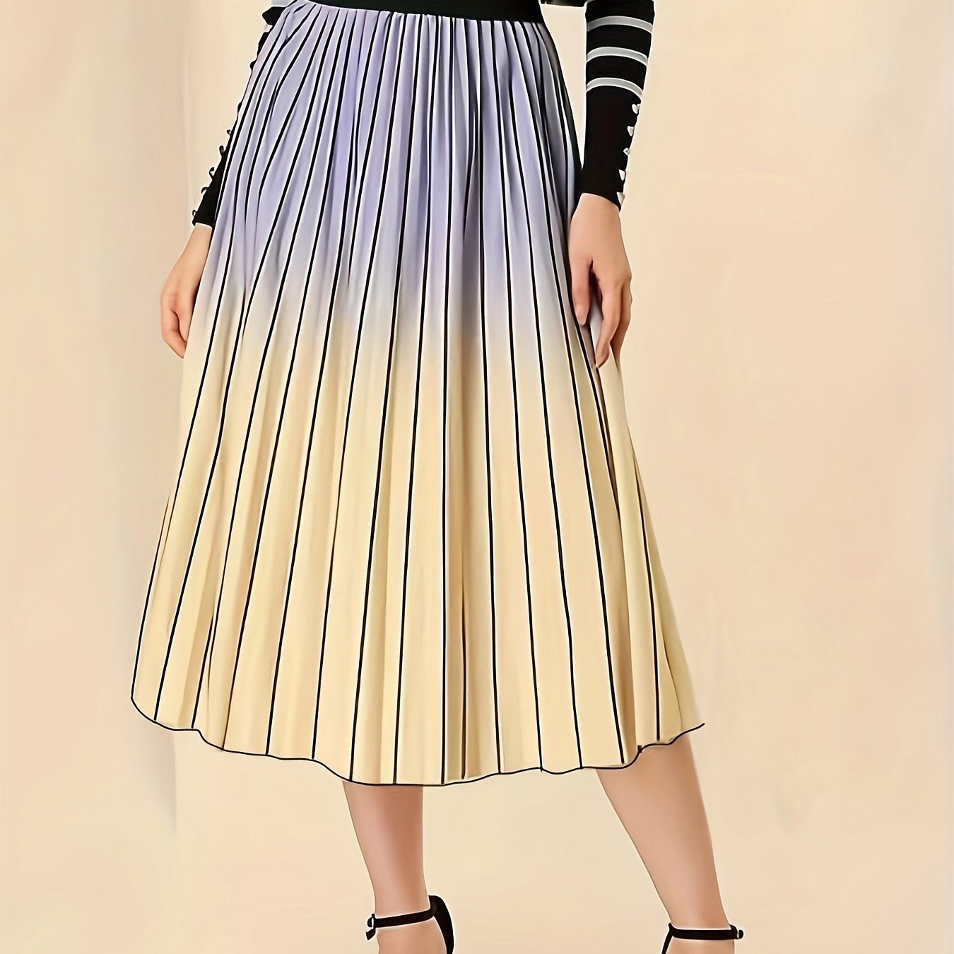  Ombre Print Elastic Waisted Pleated A line Skirt