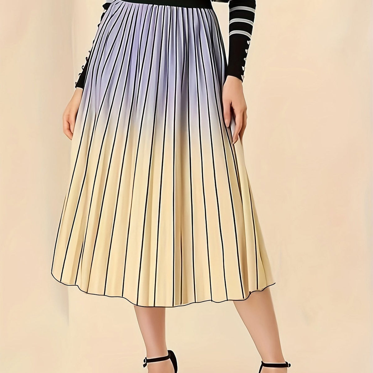  Ombre Print Elastic Waisted Pleated A line Skirt
