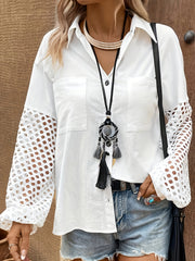  Mesh Hollow Out Button Up Collar Shir