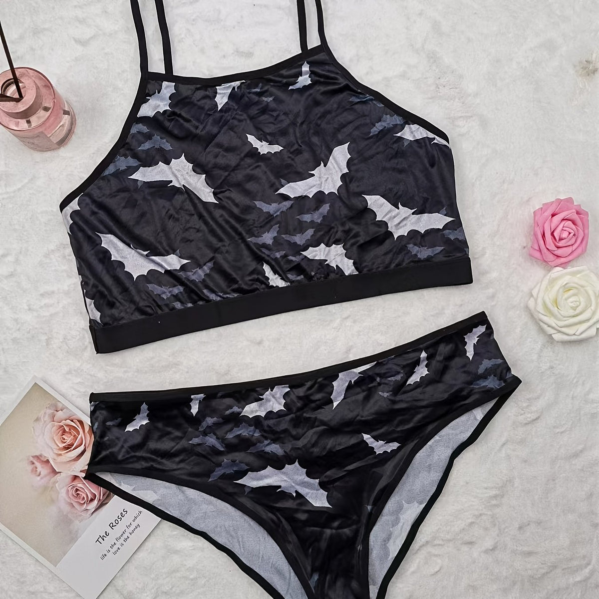  Satin Bat Print Cami Top & Panties Sexy Lingerie Set Women's Plus