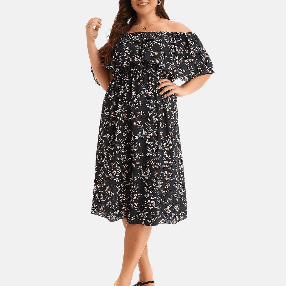  Ditsy Print Off Shoulder Ruffle Trim Dress