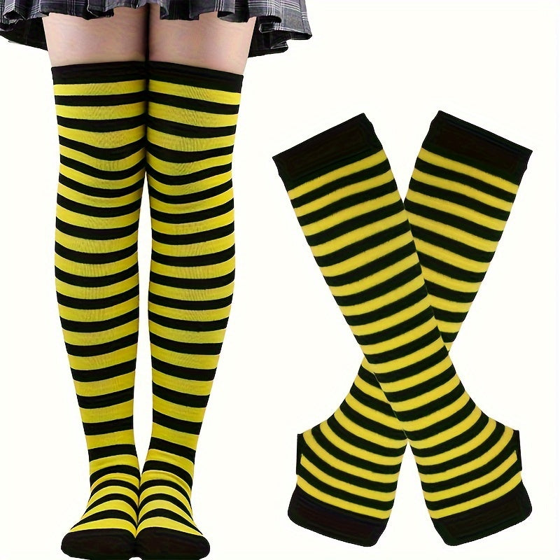 Teenagers Colorful Striped Thigh High Stockings & Fingerless Gloves Set