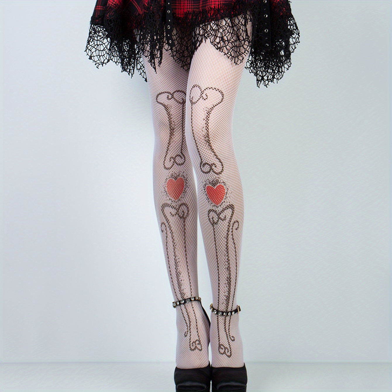 High Waist Skull & Heart Pattern Mesh Tights Fishnet Pantyhose