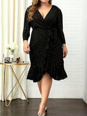  Solid Shinny Long Sleeve Wrap Dress