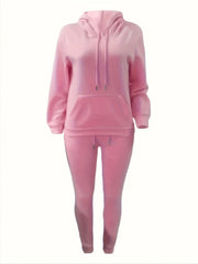  Solid Hoodie Sweatshirt & Drawstring Pants Set