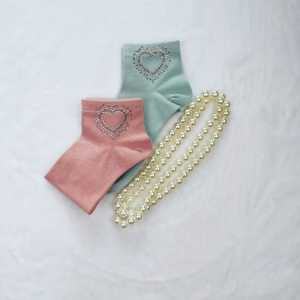 5 Pairs Heart Rhinestone Socks Comfy & Breathable Women's Stockings