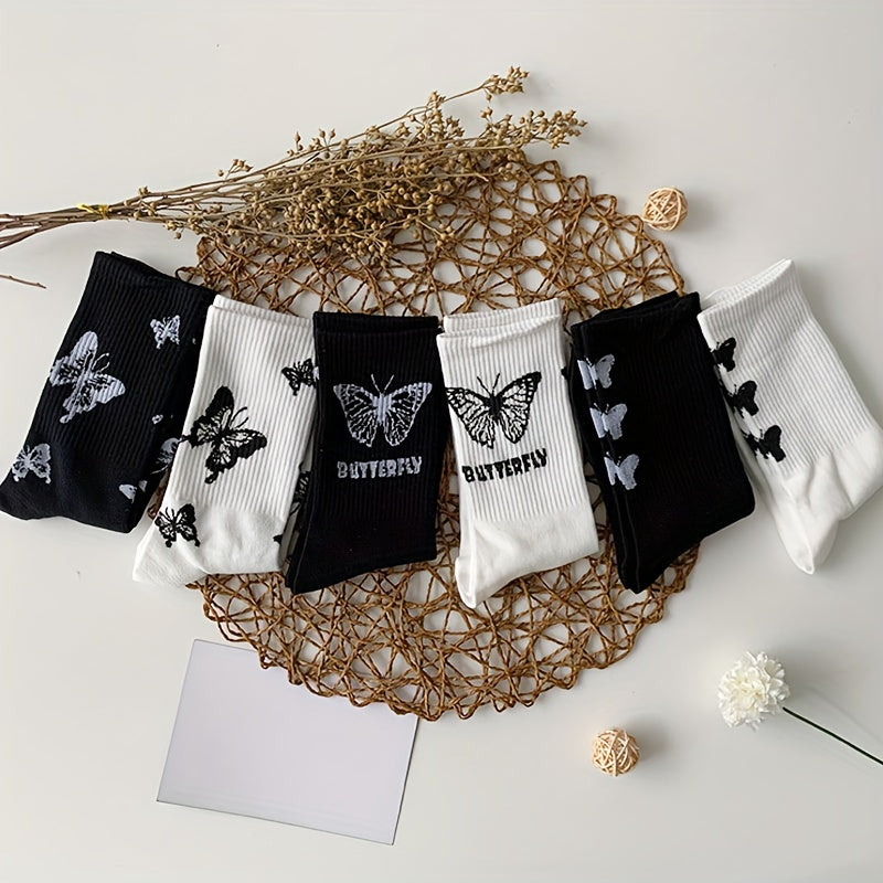 6 Pairs Butterfly Print Mid Tube Socks Women's Stockings