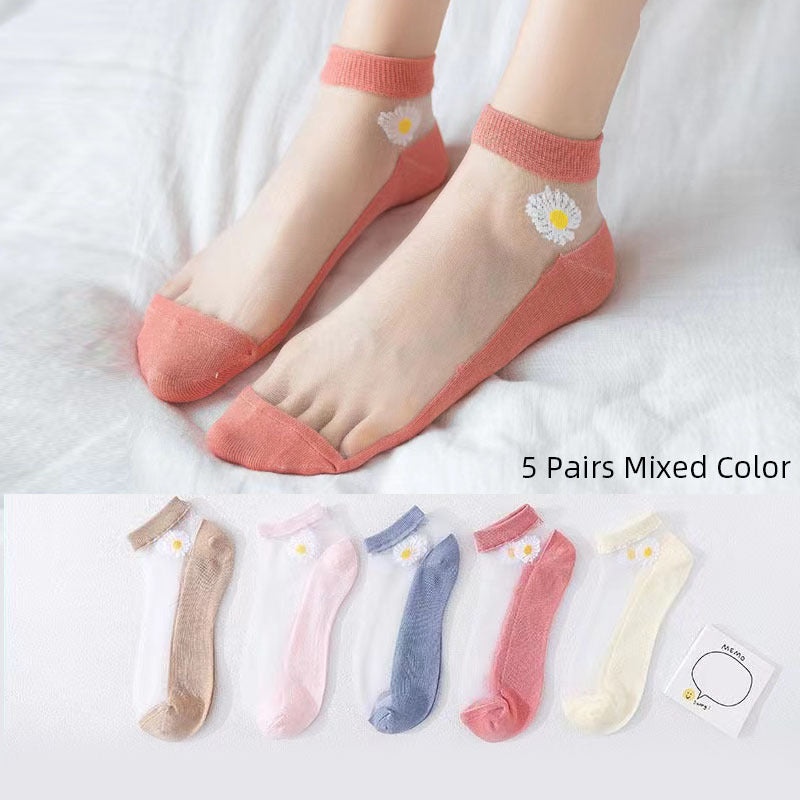 5 Pairs Chrysanthemum Print Sheer Ankle Socks Women's Stockings & Hosiery